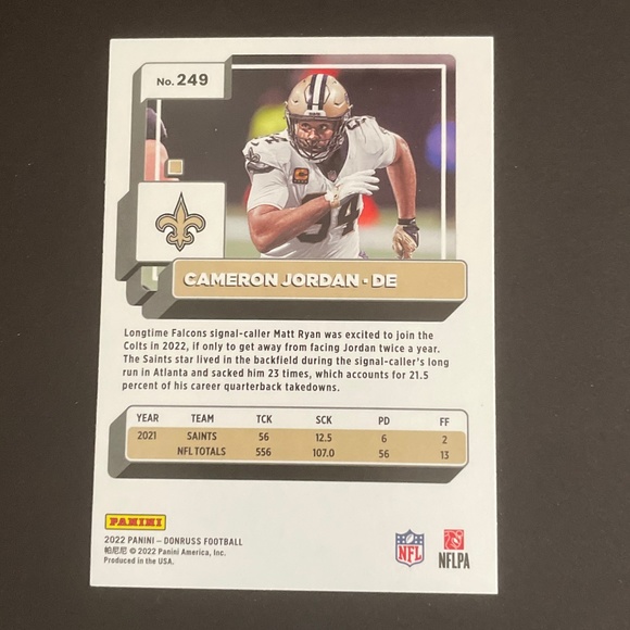 Cameron Jordan: New Orleans Saints, Defensive End 2022 Panini Press Proof #249 - Picture 2 of 2